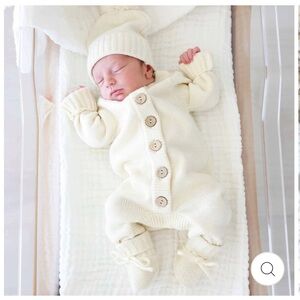 Caden Lane Ivory Knit Sweater Button Romper (Hat and Booties Included)